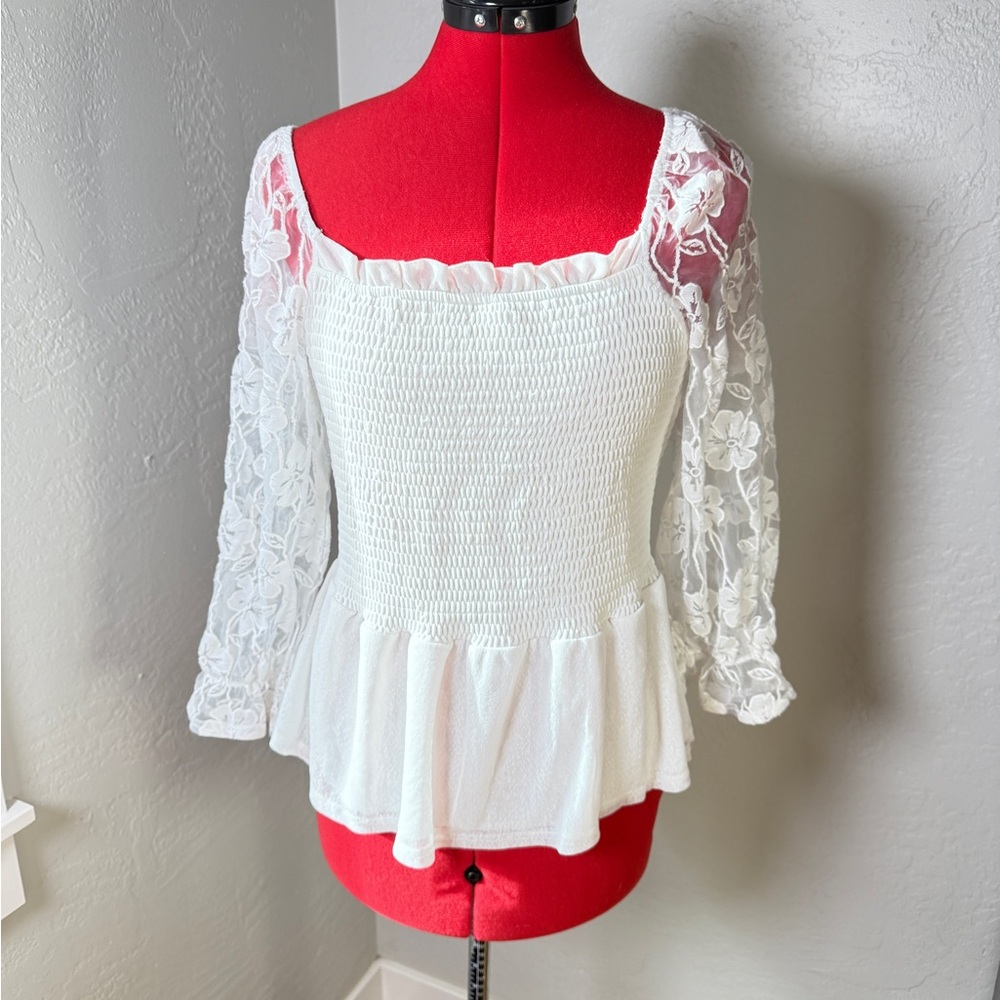 Ember White Smocked Peplum Top Lace Sheer Floral Sleeve Square Neck Size L